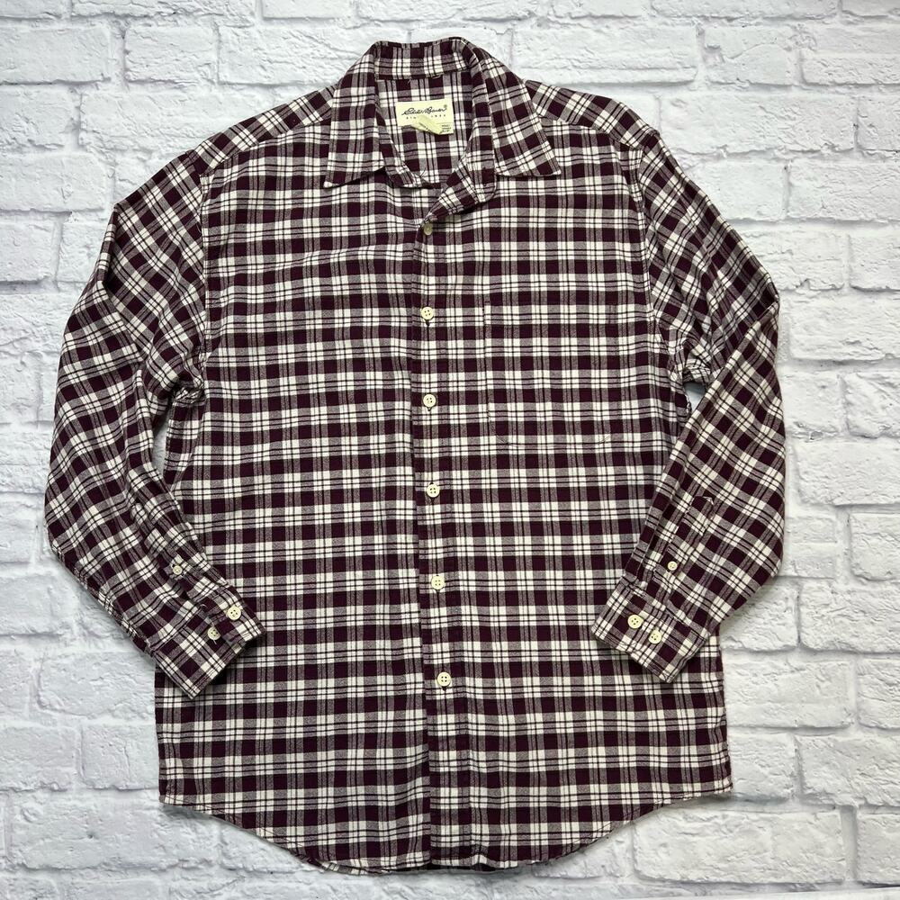 Eddie Bauer Mens Cotton Plaid Flannel Long Sleeve Shirt Size S White Burgundy